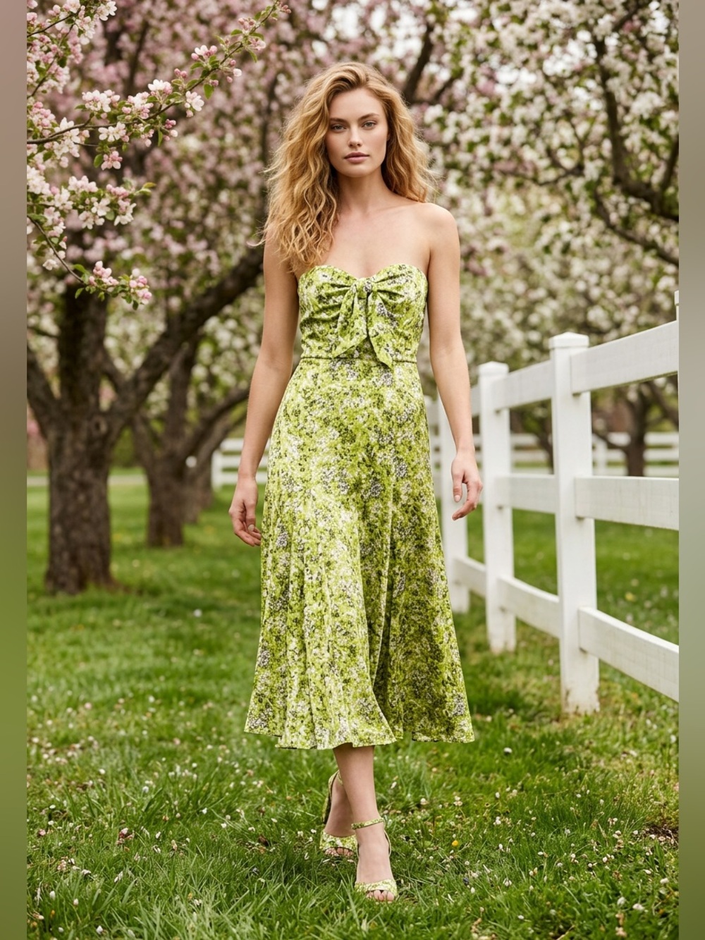 Cinq à Sept Dandelion Guinevere Strapless Midi Dress Matcha Multi. Size 0.